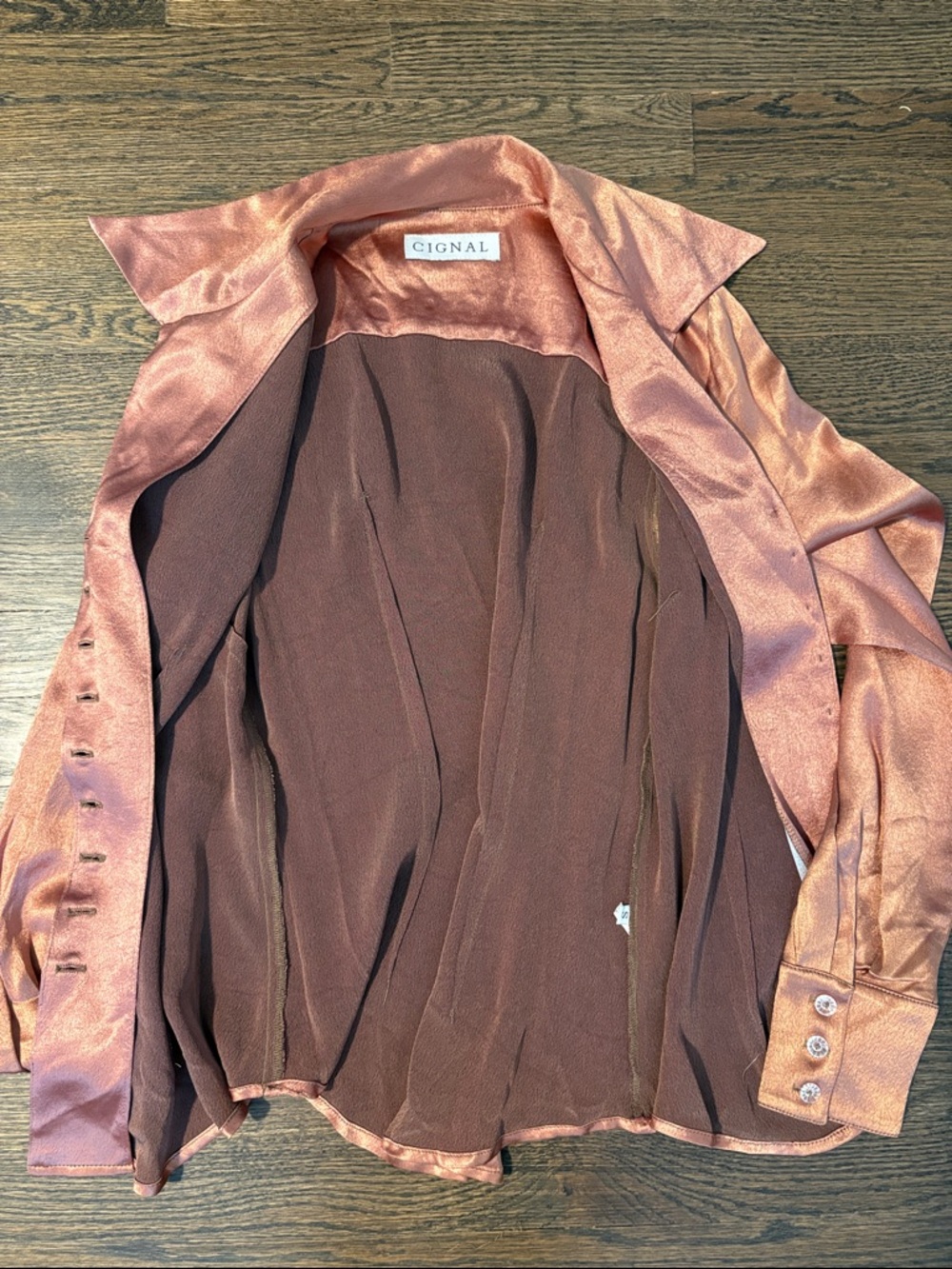 Cignal Copper Satin Blouse Size S Shimmer Button Front Long Sleeve Unique - Picture 7 of 12